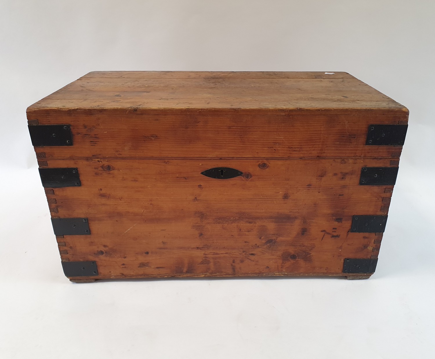 A pine and metal bound trunk, with paper labels for London to Bombay, 85 cm wide - Image 2 of 4