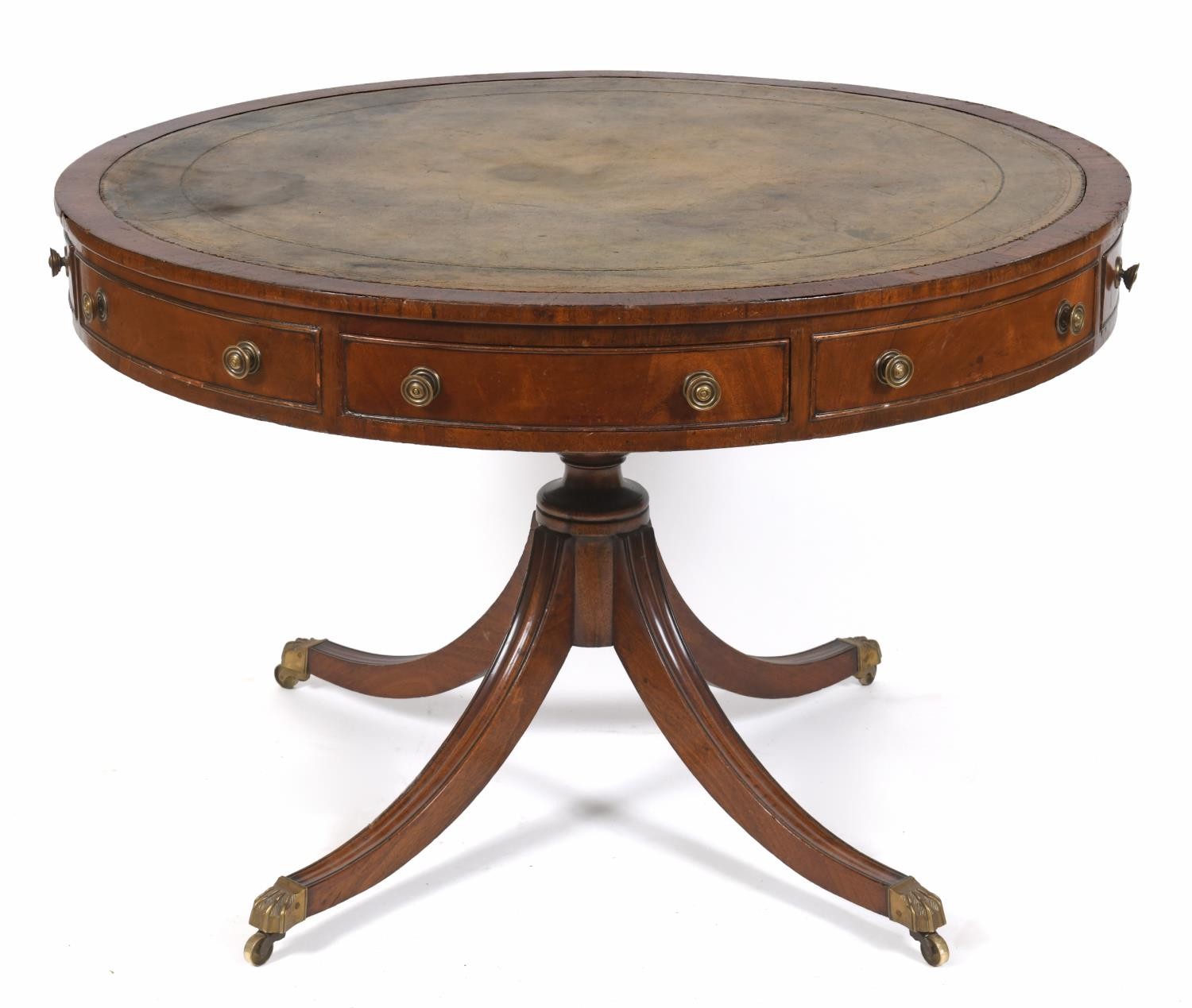 A George III style mahogany drum top table, the leather inset top above four real and four false - Image 7 of 7