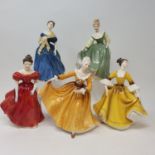 Five Royal Doulton figures, HN2381, HN2220, HN2381, COPR1963 and HN2607, and other ceramics (box)