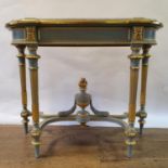 A 19th century style painted console table, with a marble top, on carved, turned and reeded legs