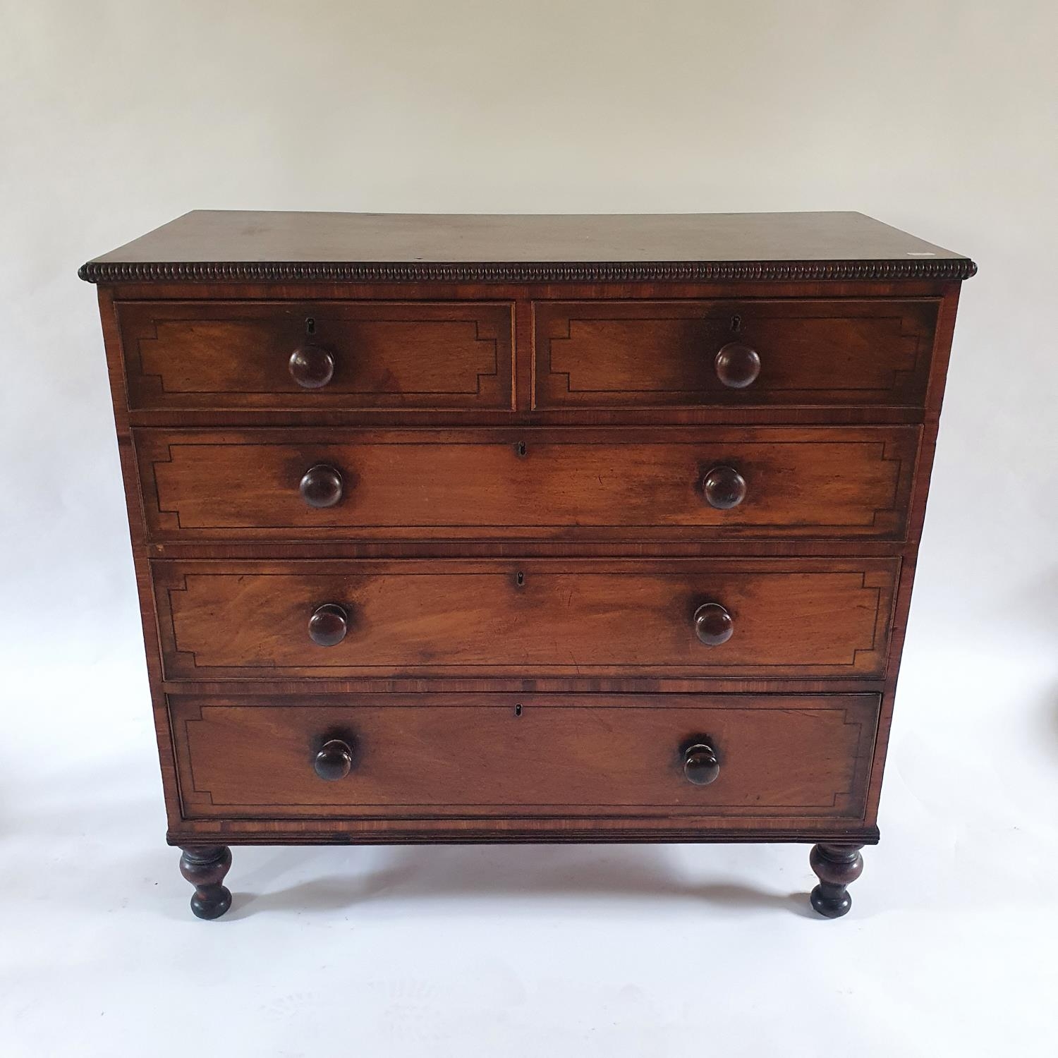 A 19th century mahogany chest, having two short and three long drawers on turned feet, 107 cm wide - Image 2 of 9