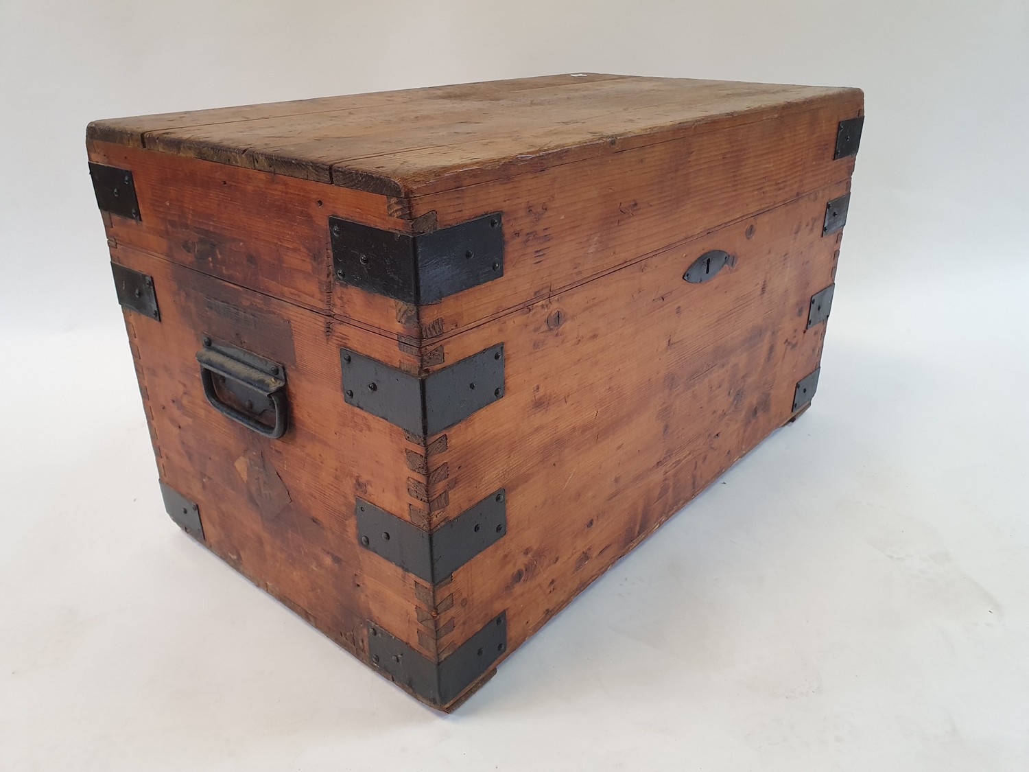 A pine and metal bound trunk, with paper labels for London to Bombay, 85 cm wide - Image 3 of 4