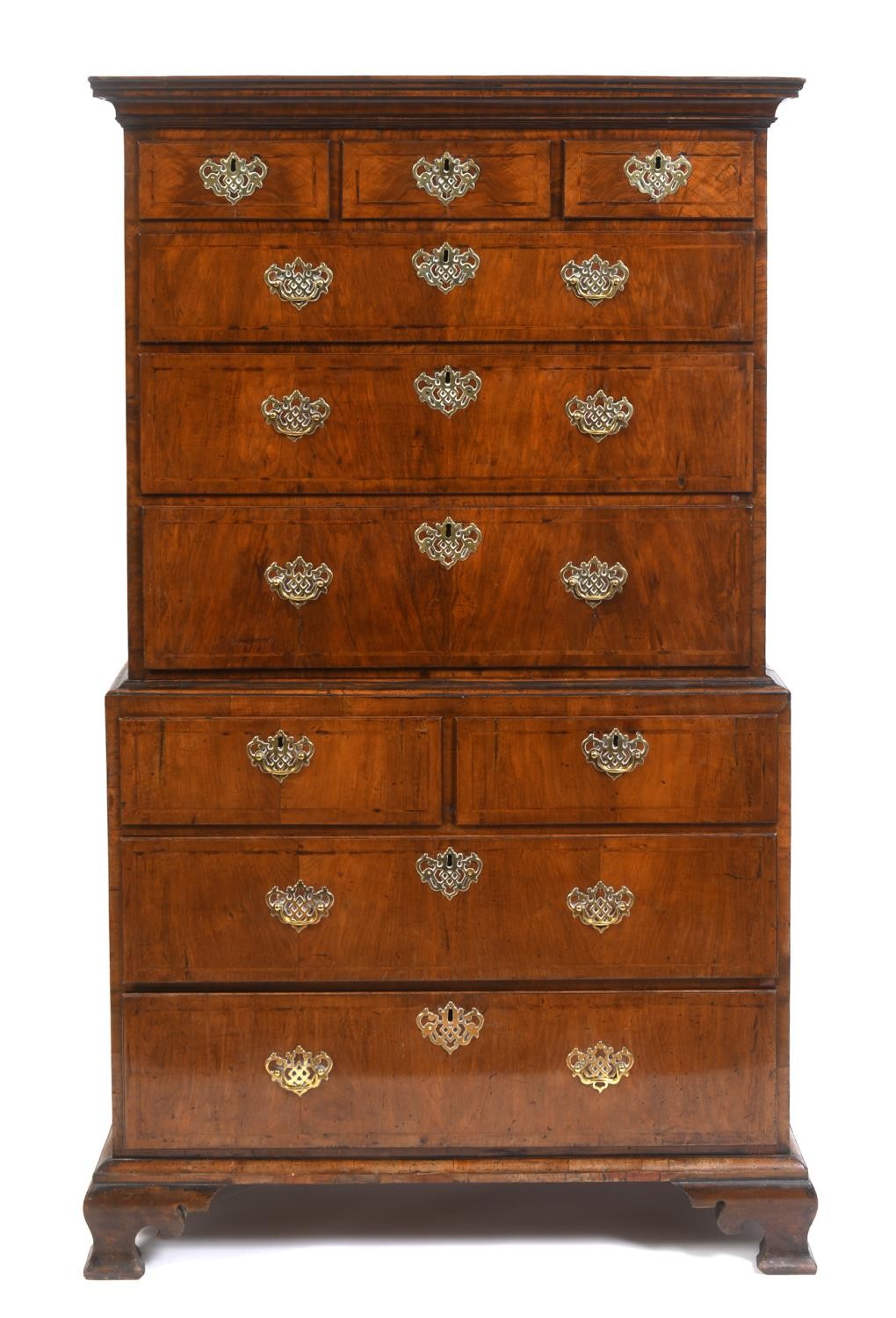 A walnut secretaire chest on chest, crossbanded and with herringbone inlay, the top having three - Image 6 of 6