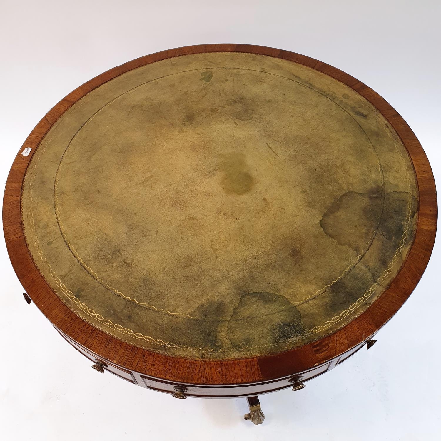 A George III style mahogany drum top table, the leather inset top above four real and four false - Image 5 of 7