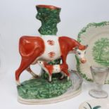 A 19th century Staffordshire group of a cow and calf, other ceramics and glass (3 boxes)