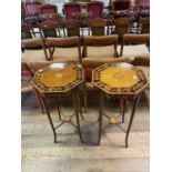 A pair of satinwood and coromandel octagonal tables, marquetry decorated with vine leaves, on