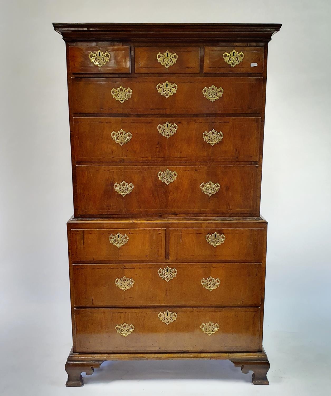 A walnut secretaire chest on chest, crossbanded and with herringbone inlay, the top having three - Image 4 of 6