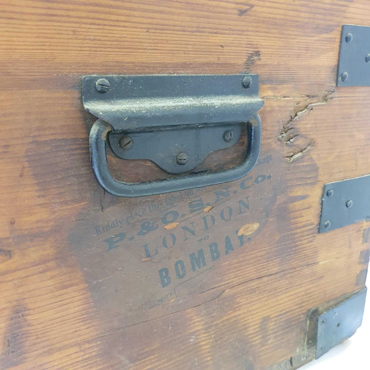 A pine and metal bound trunk, with paper labels for London to Bombay, 85 cm wide - Image 4 of 4