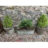 A pair of composite stone garden planters, 40 cm diameter and a rectangular garden planter 70 cm