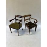 A 19th century mahogany armchair, with a drop in seat, on turned reeded tapering front legs, and six