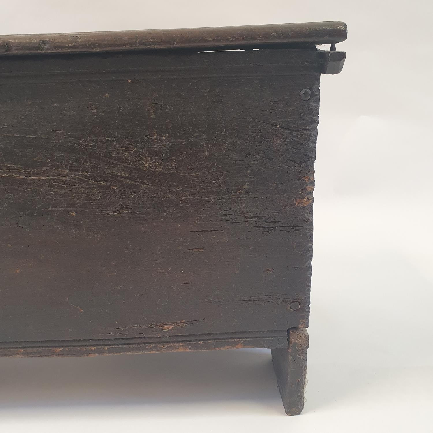 An 18th century oak coffer, 95 cm wide Top split, two large repairs, replaced hinges, various - Image 7 of 7