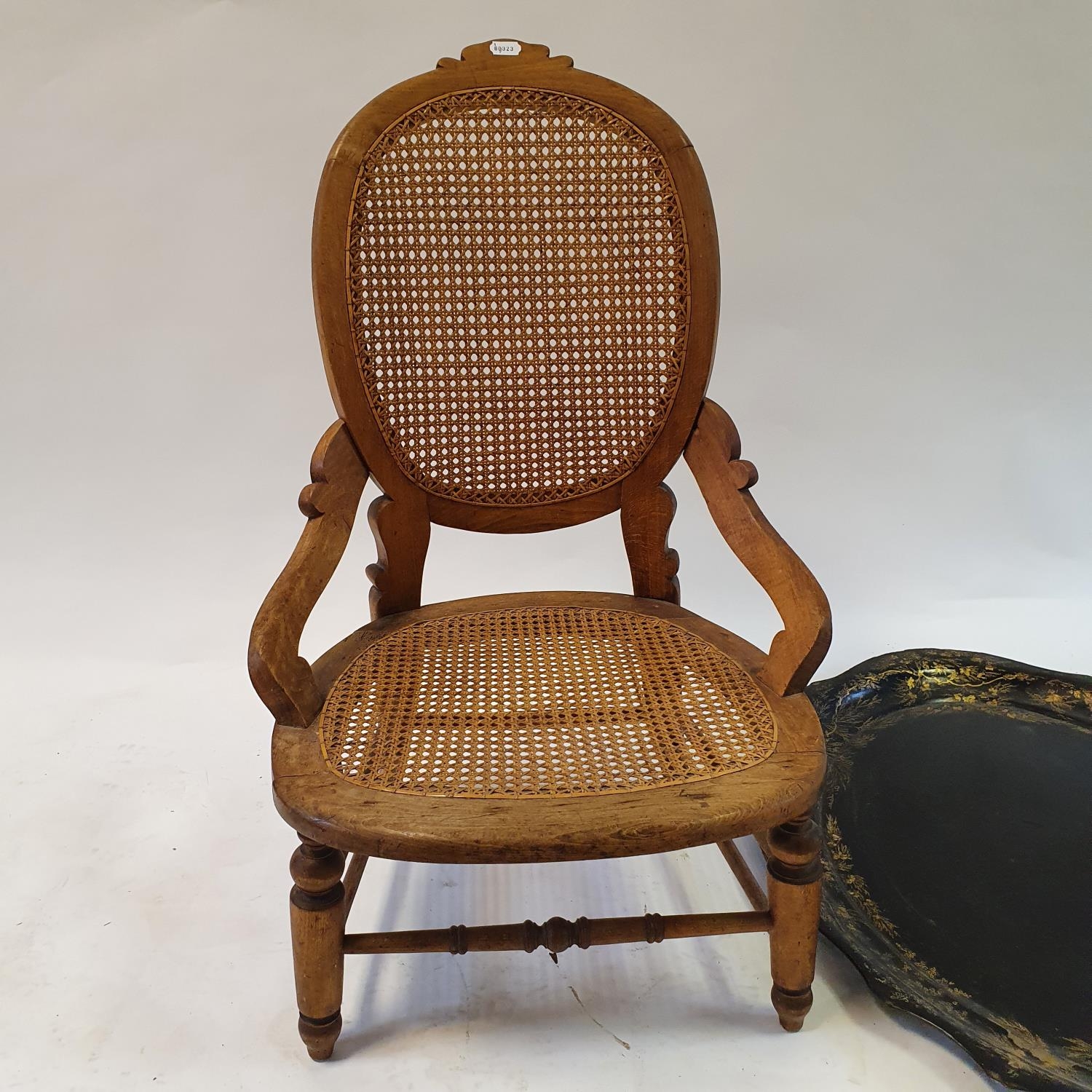 A 19th century oval lacquered tray, highlighted in gilt, and a walnut armchair (2) Tray very worn, - Image 2 of 3