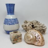A Chinese blue and white vase, a carved shell, various other items (2 boxes)