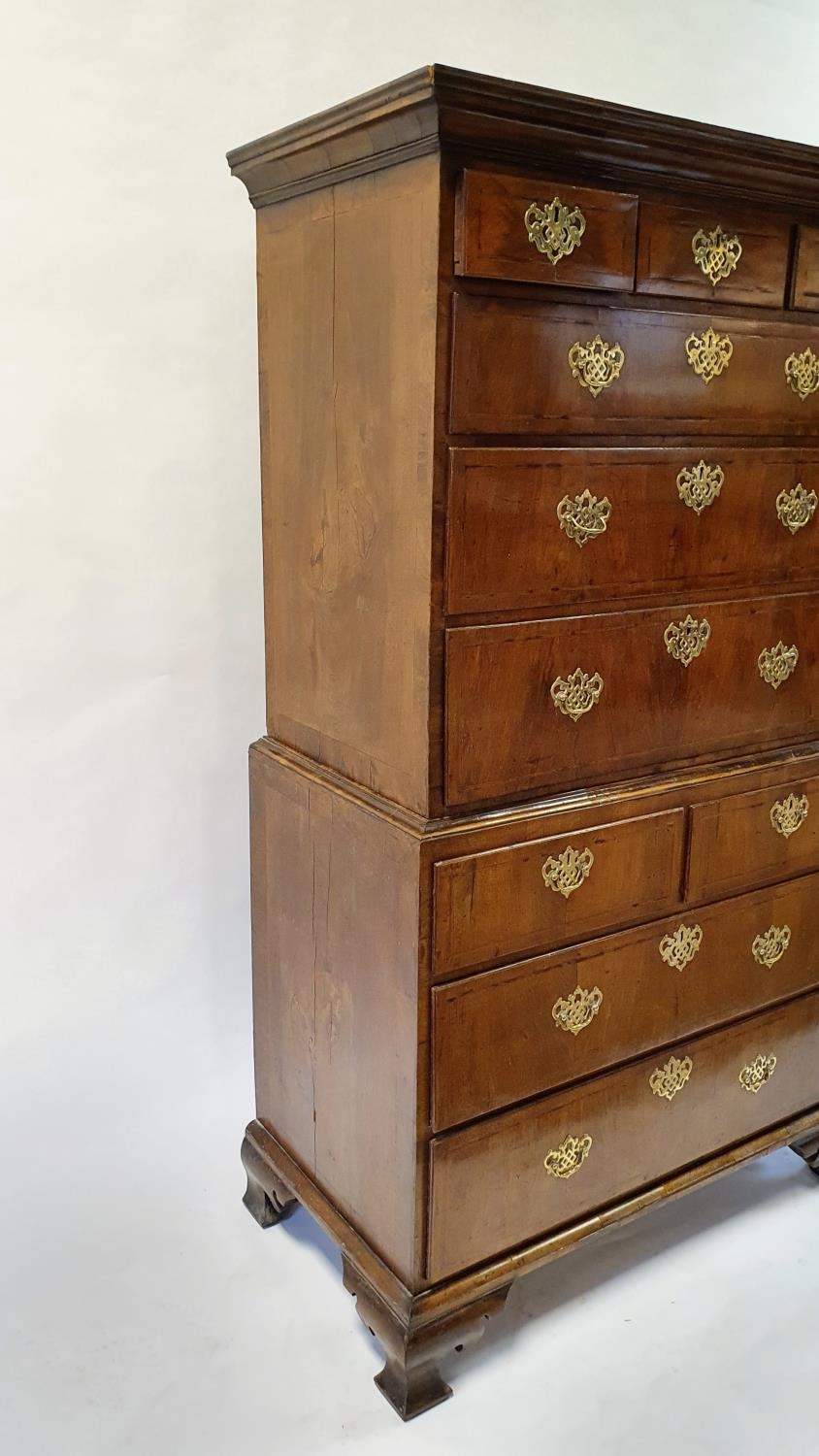 A walnut secretaire chest on chest, crossbanded and with herringbone inlay, the top having three - Image 2 of 6