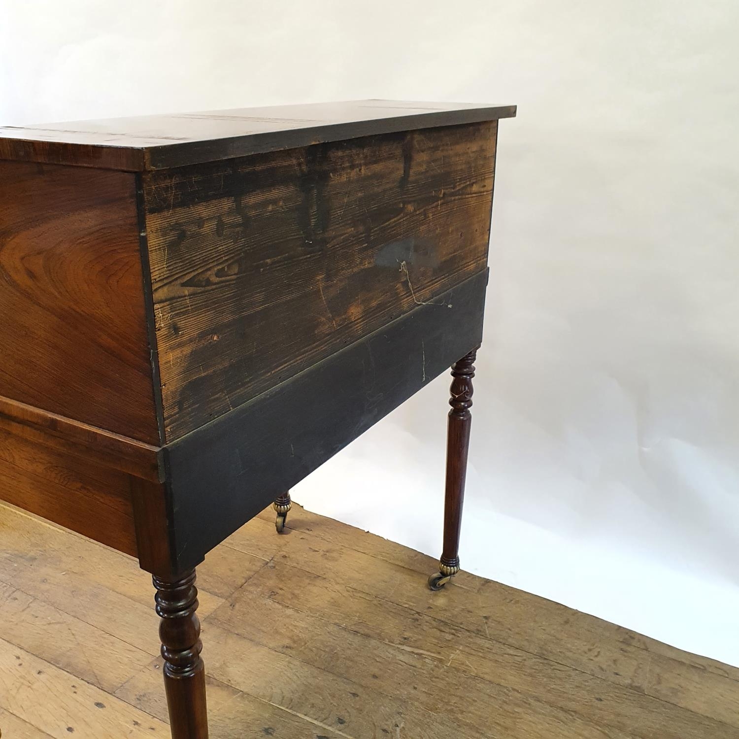 A late 19th century rosewood cylinder bureau, with a fitted interior, above two drawers, on turned - Image 6 of 6