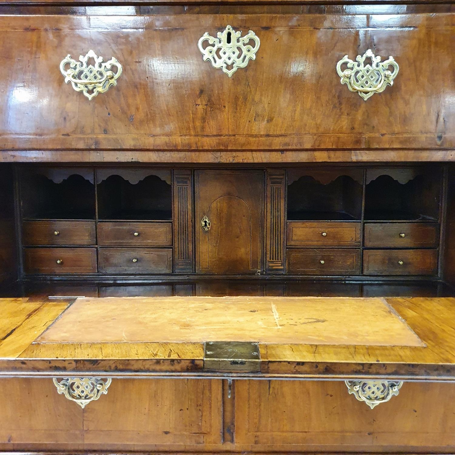 A walnut secretaire chest on chest, crossbanded and with herringbone inlay, the top having three - Image 5 of 6