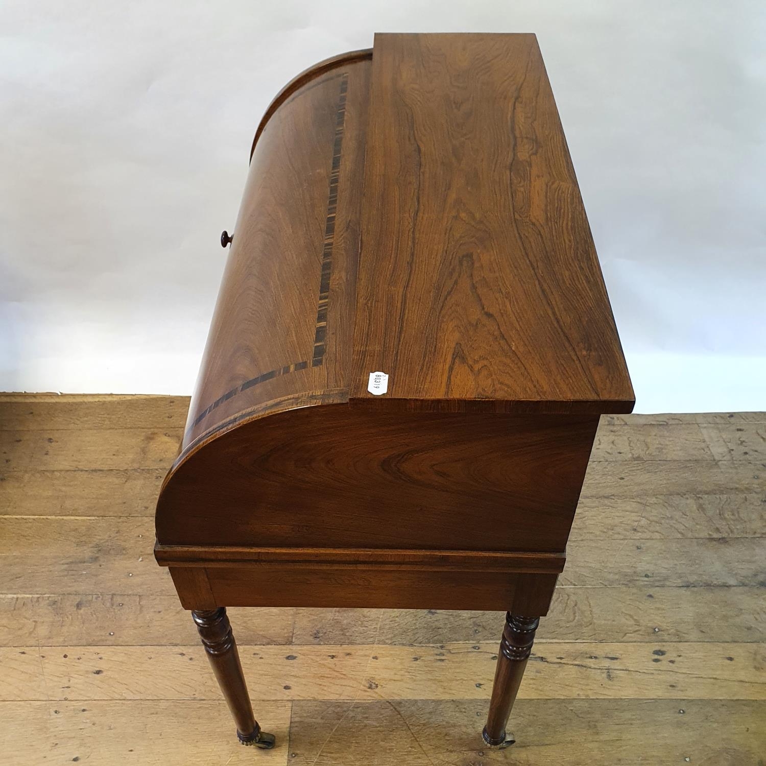 A late 19th century rosewood cylinder bureau, with a fitted interior, above two drawers, on turned - Image 5 of 6