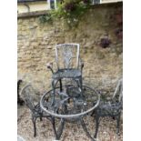 A painted metal garden table, and four matching chairs Very weathered, glass table missing top