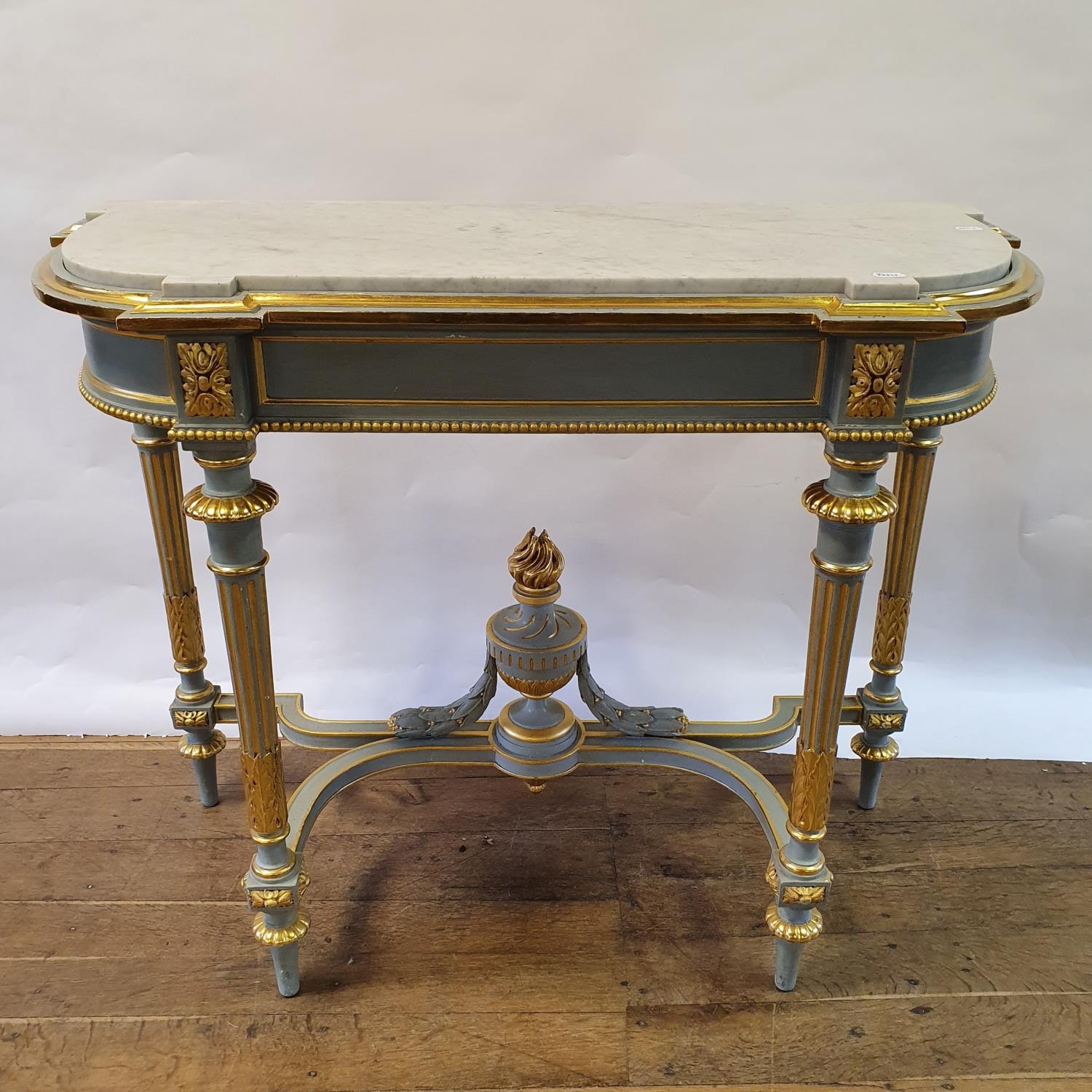 A 19th century style painted console table, with a marble top, on carved, turned and reeded legs - Image 2 of 3