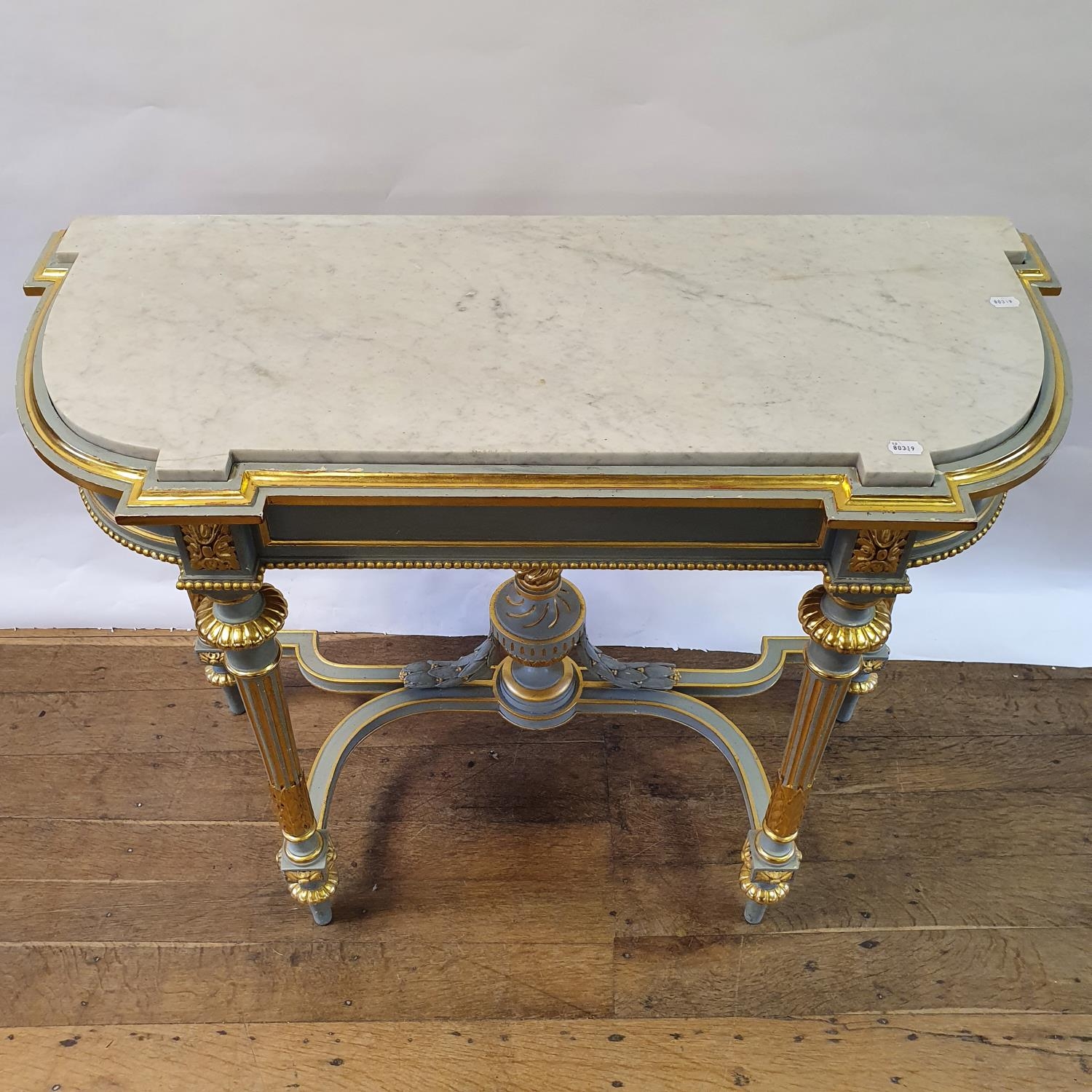 A 19th century style painted console table, with a marble top, on carved, turned and reeded legs - Image 3 of 3