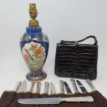 A Booths pottery lamp base, decorated flowers, a mahogany writing box, various silver plate and