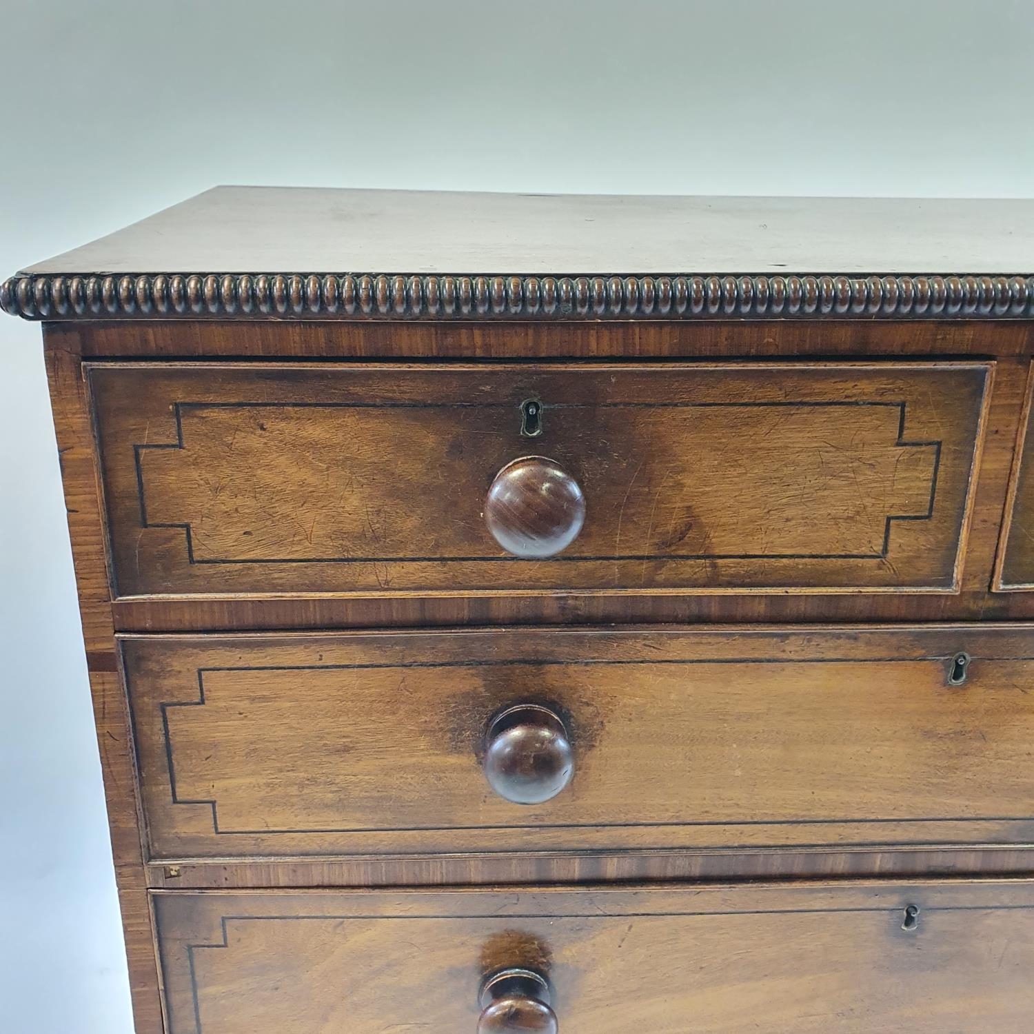 A 19th century mahogany chest, having two short and three long drawers on turned feet, 107 cm wide - Image 3 of 9