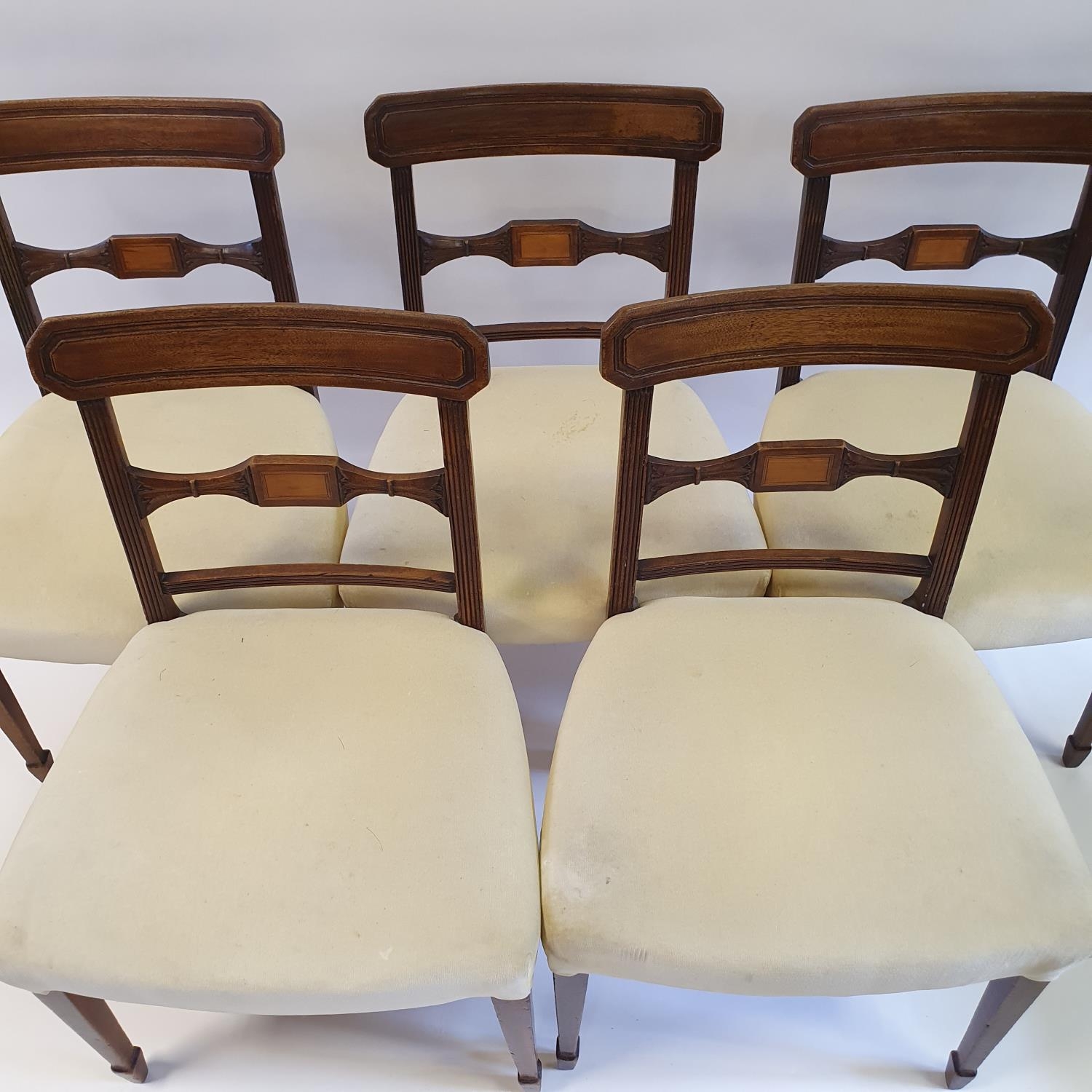 A set of five 19th century mahogany bar back dining chairs, with padded seats, on square tapering - Image 2 of 3
