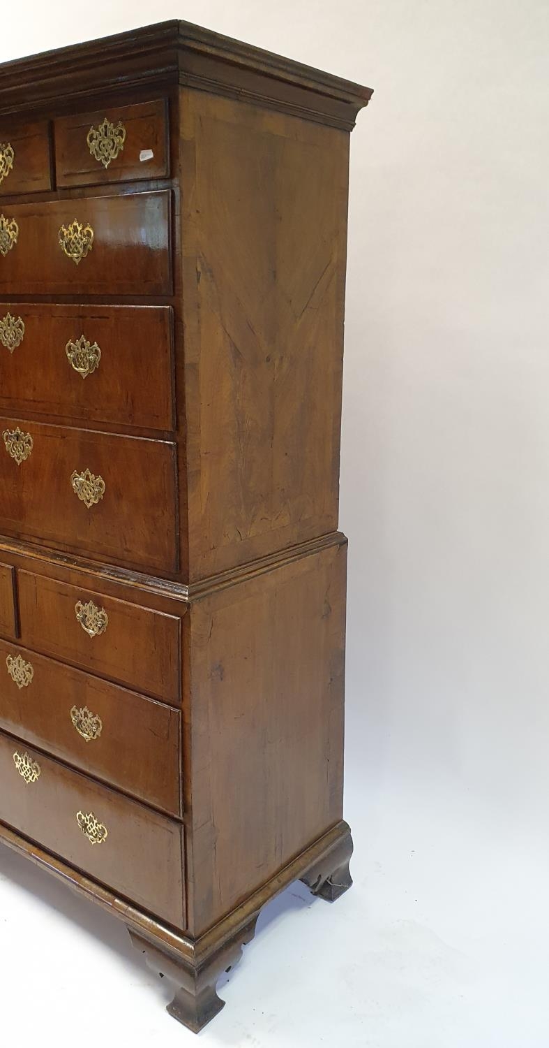 A walnut secretaire chest on chest, crossbanded and with herringbone inlay, the top having three - Image 3 of 6