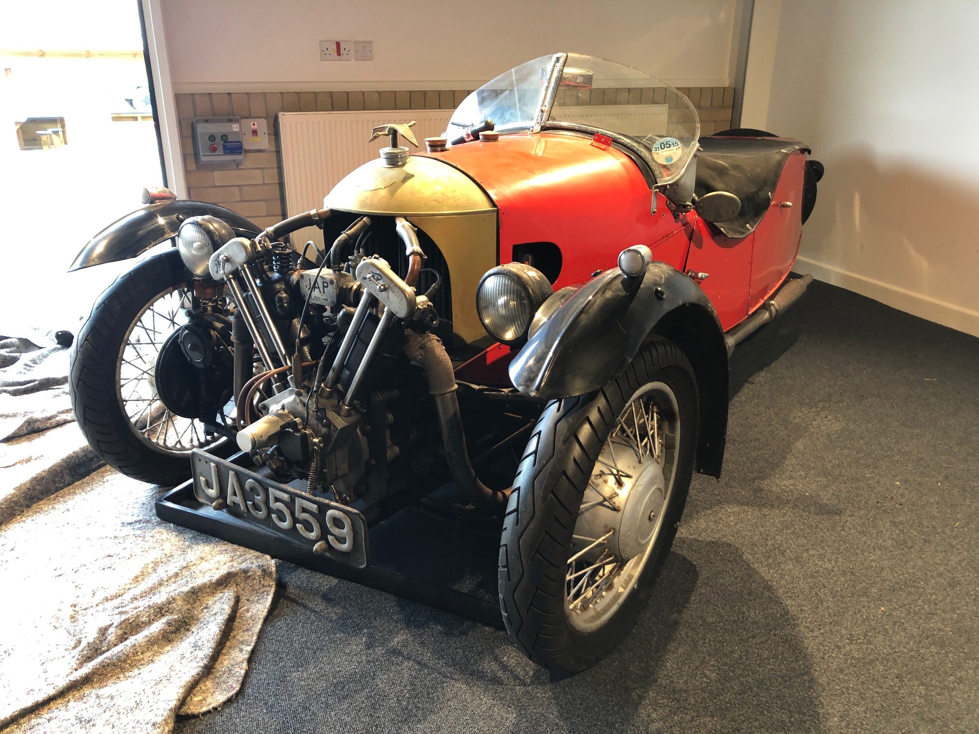 1933 Morgan Family Super Sport three wheeler Registration number JA 3559 Red with a black leather