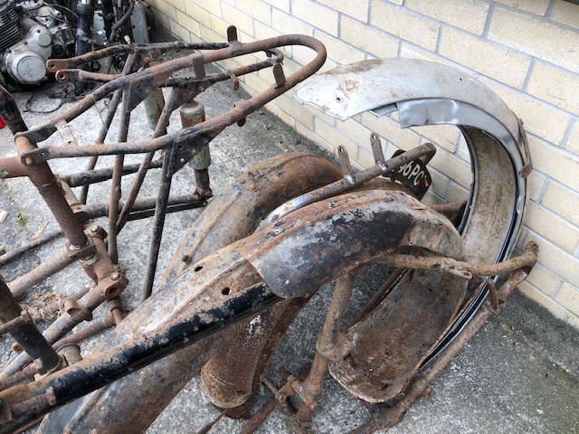 Assorted Velocette spares: Mac frame with forks ,two others and mudguards - Image 2 of 4