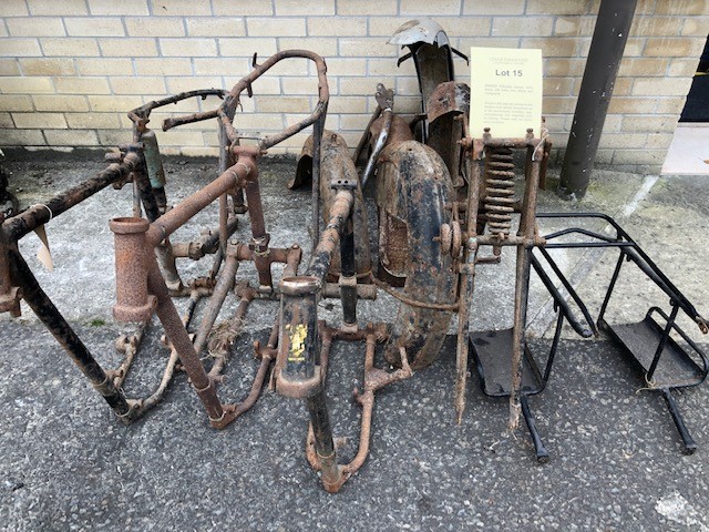 Assorted Velocette spares: Mac frame with forks ,two others and mudguards