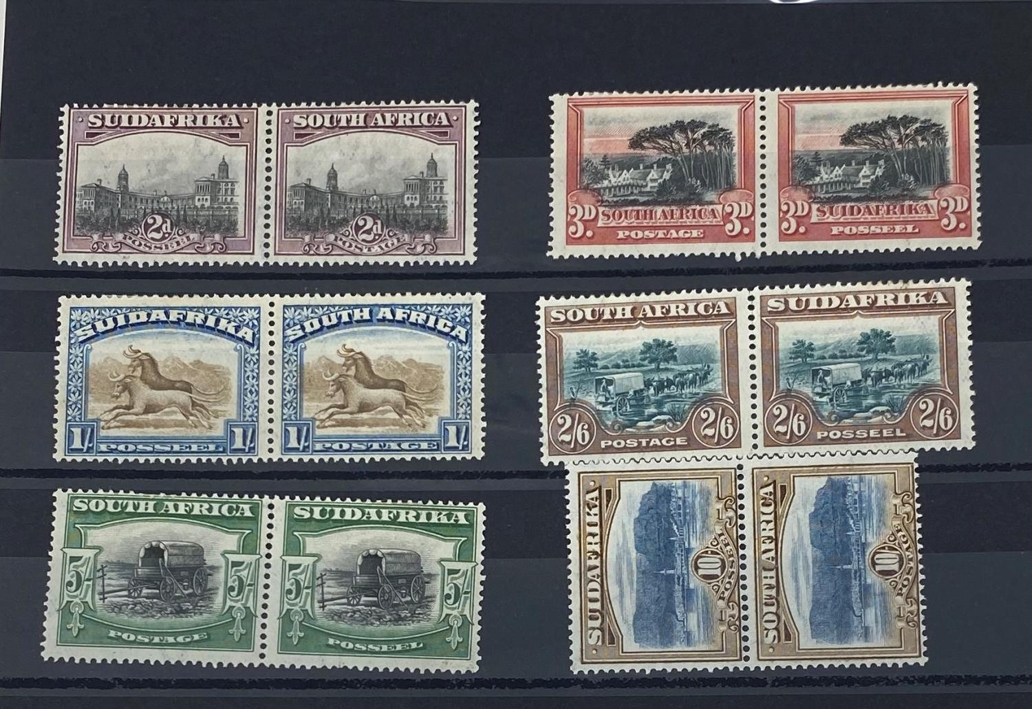 South Africa 1927-30 Pictorial issue 2d, 3d, 1/-, 2/6. 5/-and 10/-hinged pairs, (5/some perf
