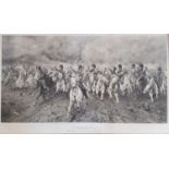 A 19th century print of a battle scene, Scotland For Ever, 40 x 86 cm, and another, 40 x 68 cm (2)