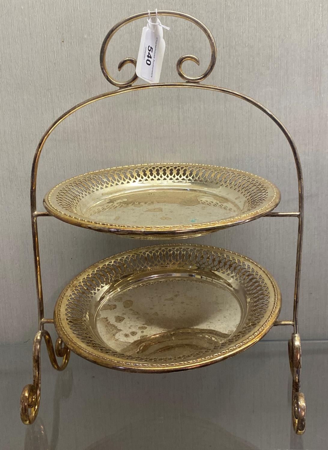 A silver plated two tier cake stand, 38 cm high