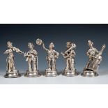 A set of five Continental silver figures playing musical instruments, import marks for 1974, 14 cm