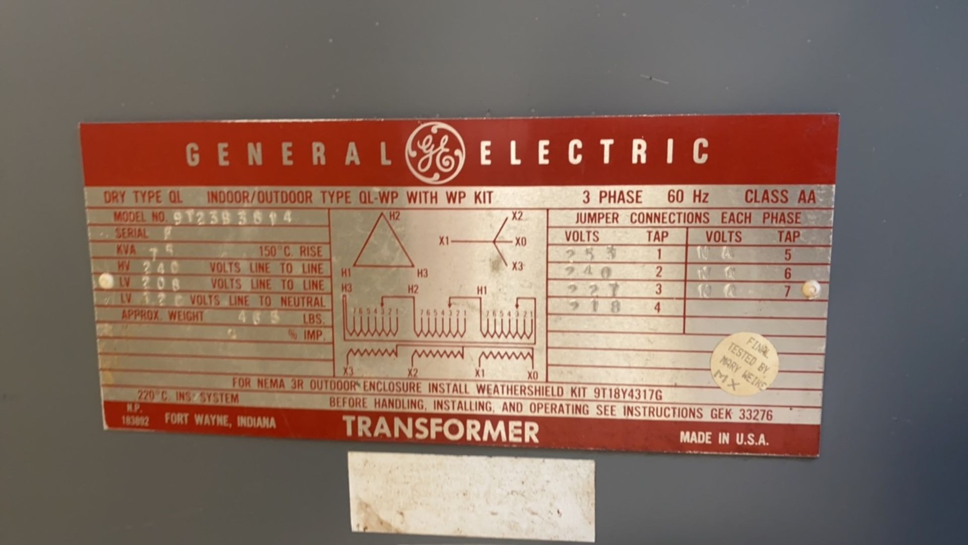 GENERAL ELECTRIC 9723B3814 TRANSFORMER - Image 2 of 2