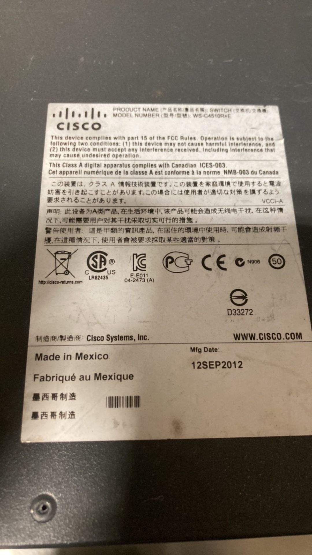 CISCO SYSTEM (WS-C4510R+E) SWITCH CATALYST 4500+E SERIES LOCATED AT: 2440 GREENLEAF AVE, ELK GROVE V - Image 5 of 7