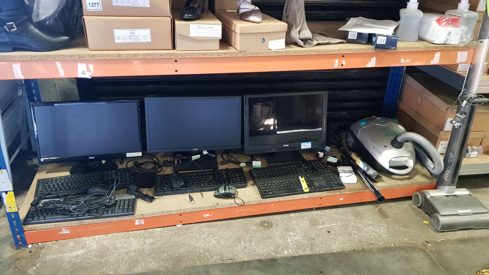 MIXED COMPUTING LOT CONTAINING 3 DESKTOP MONITORS, VARIOUS KEYBOARDS AND MOUSES AND 2 HOOVERS