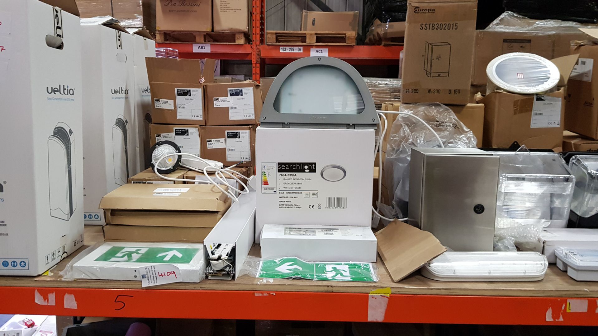 APPROX 20 PIECE MIXED LIGHT LOT CONTAINING, WHITECROFT LED DOWNLIGHTERS, FIRE EXIT SIGNS, IP44 LED