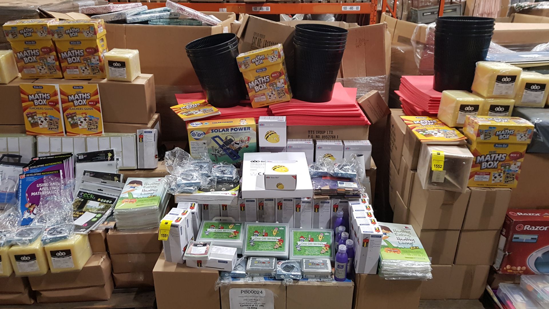 FULL PALLET OF BRAND NEW EDUCATIONAL / STATIONERY EQUIPMENT CONTAINING MATHS TEACHING TINS, NORIS