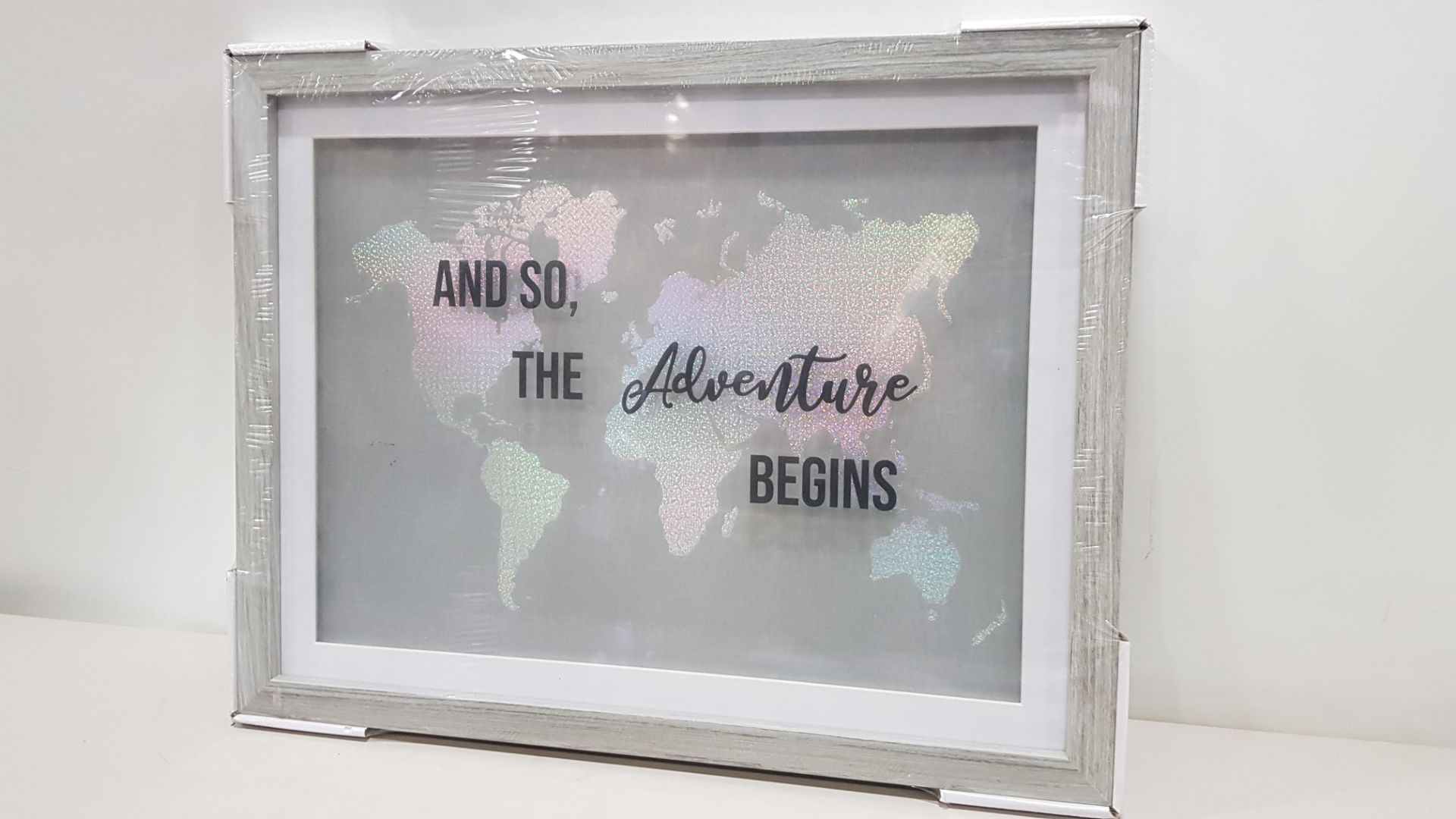 61 X BRAND NEW "AND SO THE ADVENTURE BEGINS" GREY FRAMED HOLOGRAPHIC MAPS IN 17 BOXES