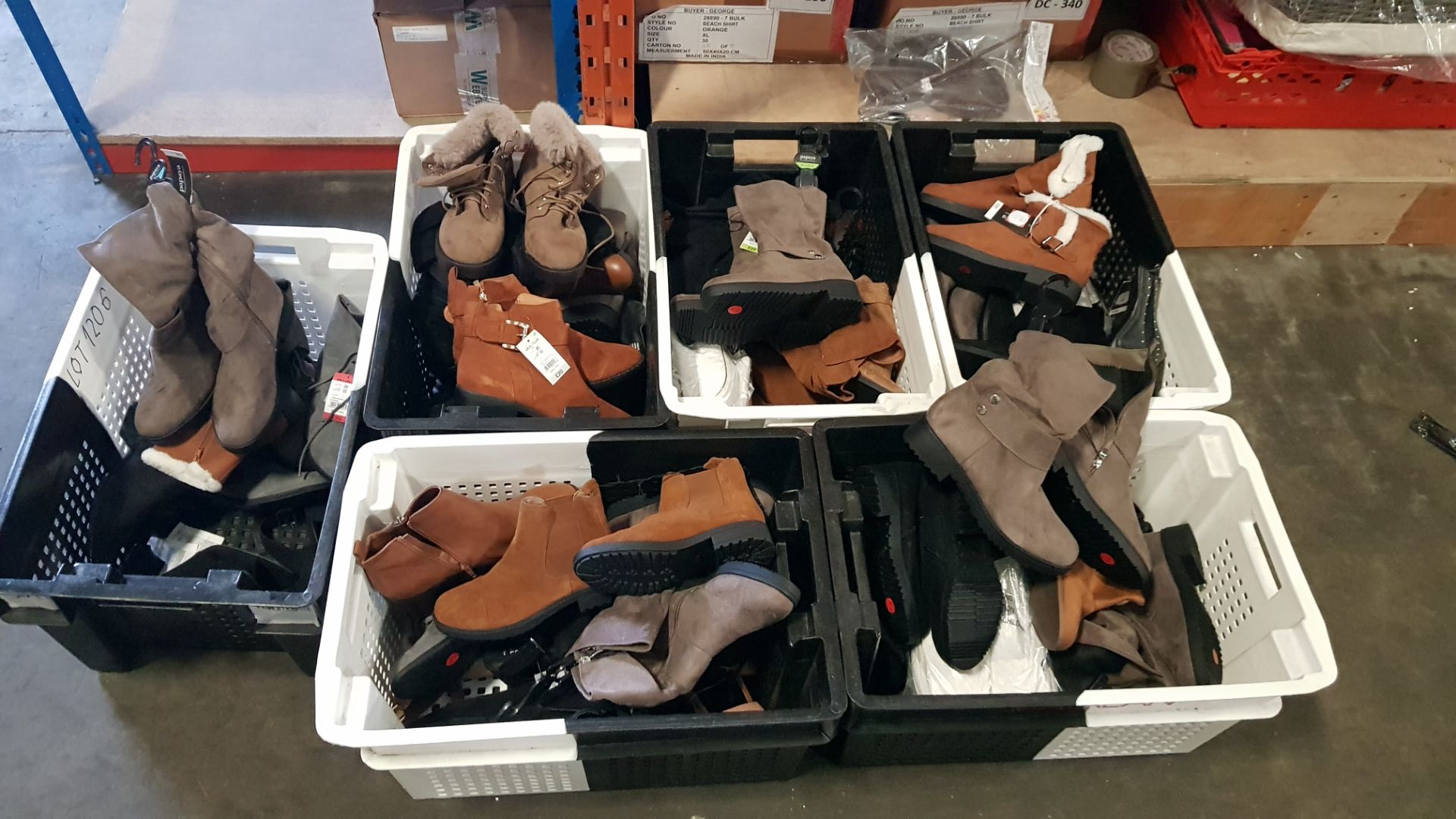 6 TRAYS OF SHOES IN VARIOUS COLOURS, STYLES AND SIZES IE BROWN BOOTS, BLACK BOOTS, GREY BOOTS (