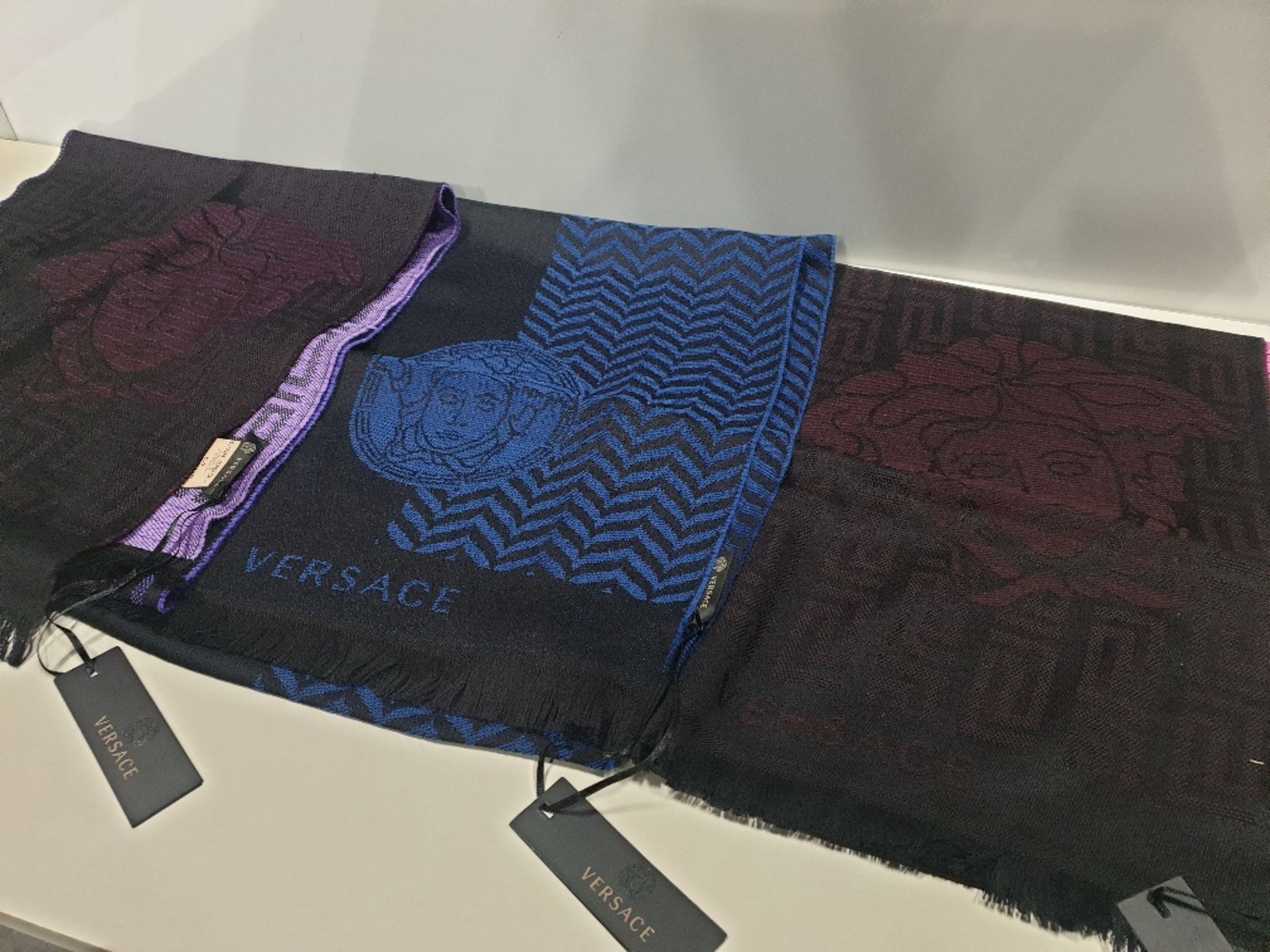 3 X BRAND NEW VERSACE WOOL SCARVES WITH TAGS IN ASSORTED COLOURS PURPLE, BLUE & PINK - UNISEX