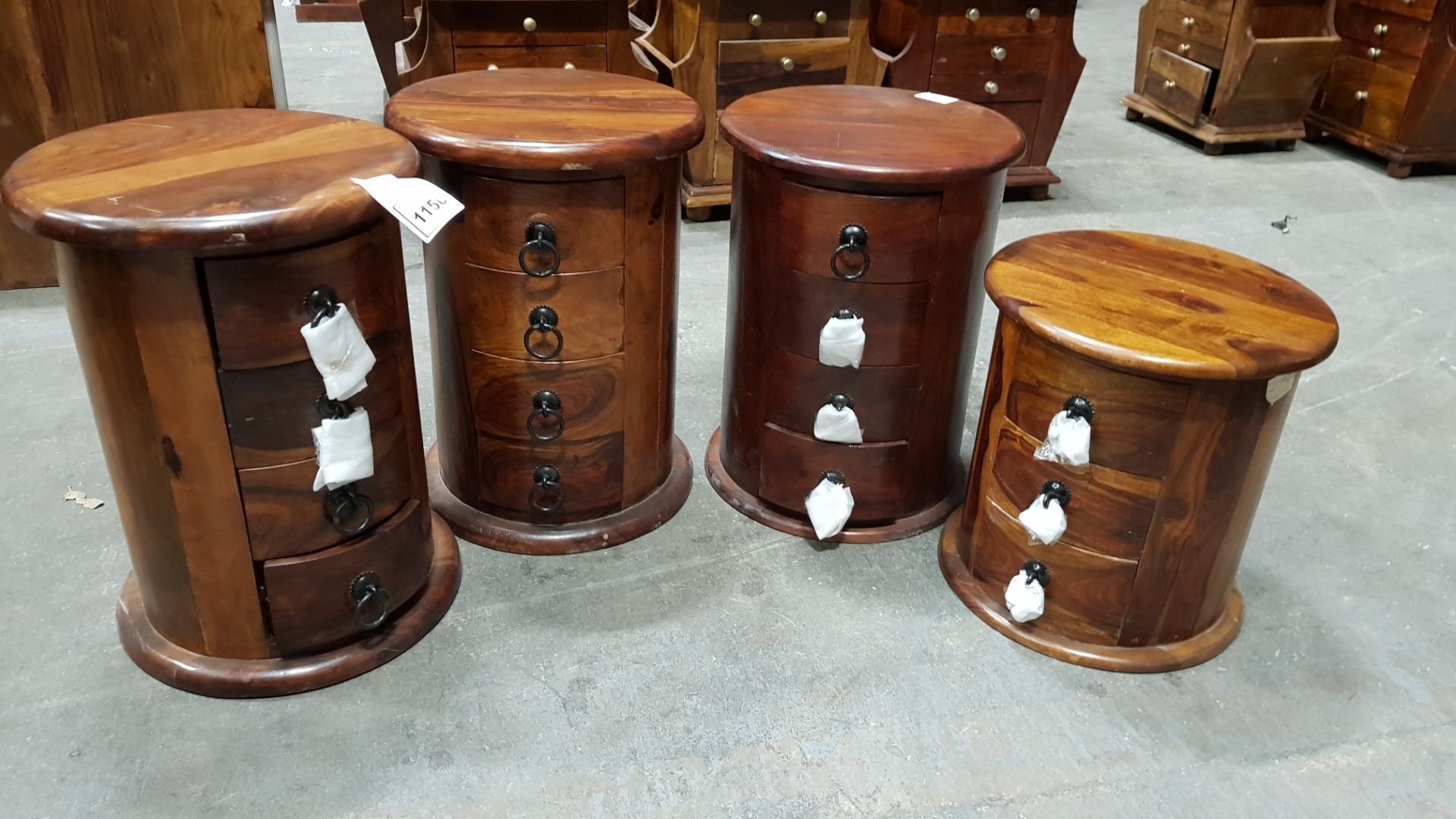 3 X SOLID WOOD ACACIA 4 DRAWER DRUMS SIZE-38X38X52CM 1X SOLID WOOD ACACIA 4 DRAWER DRUM SIZE-