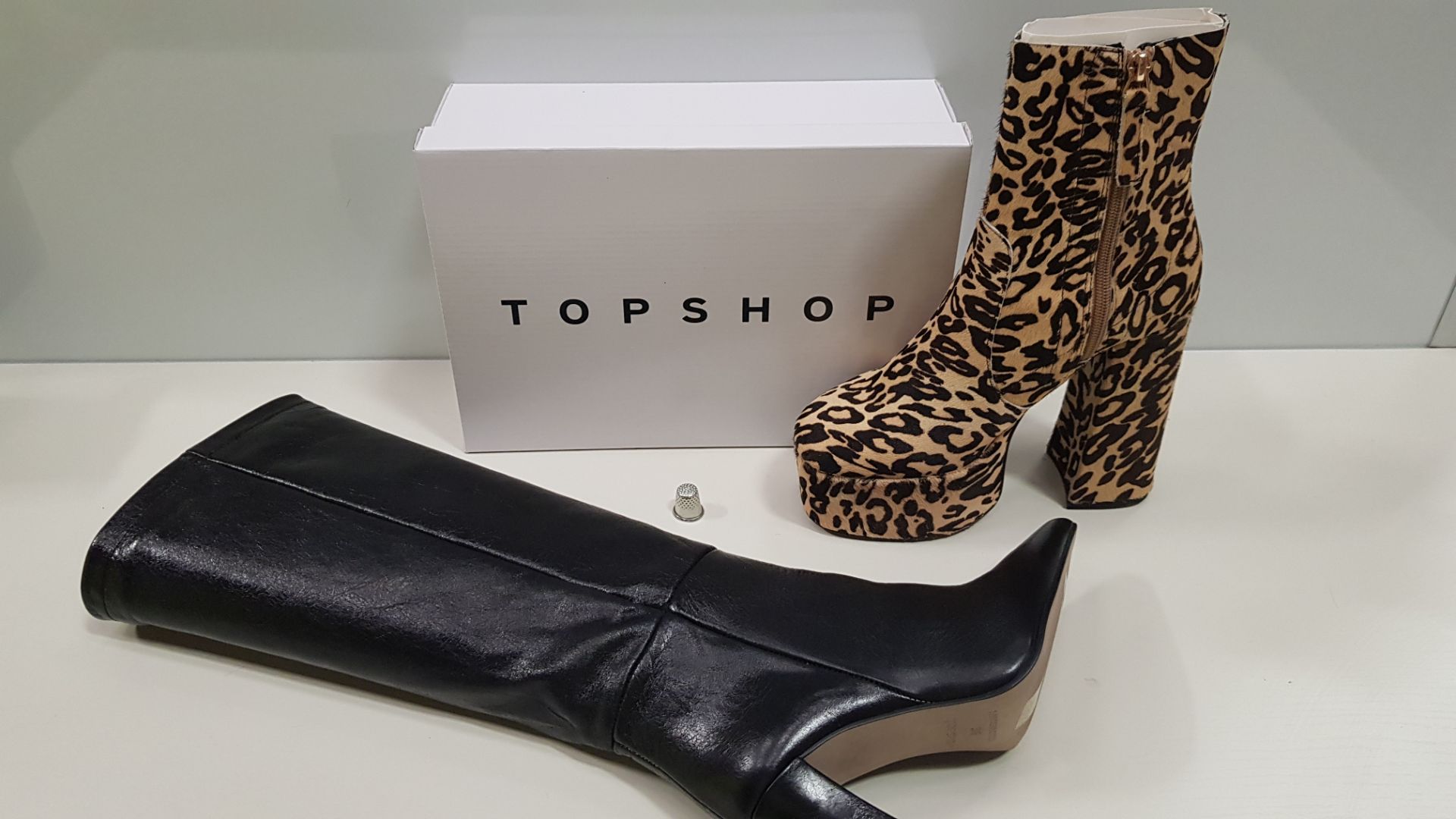 6 X BRAND NEW TOPSHOP SHOES - TAYLOR BLACK KNEE HIGH BOOTS AND ELECTRIC TRUE LEOPARD HIGH SOLED
