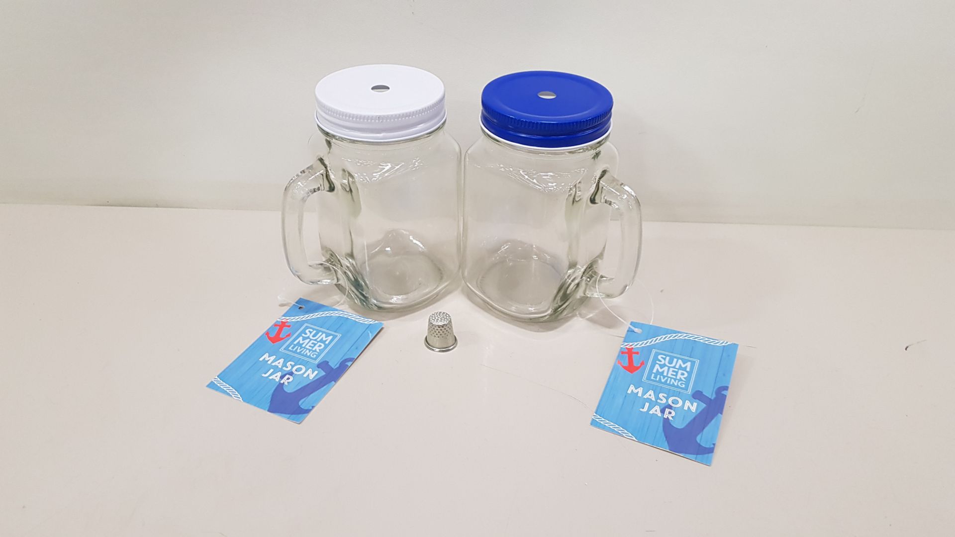 168 X BRAND NEW SUMMER LIVING MASON JARS IN BLUE AND WHITE IDEAL FOR DRINKS, WRAPPED SWEETS