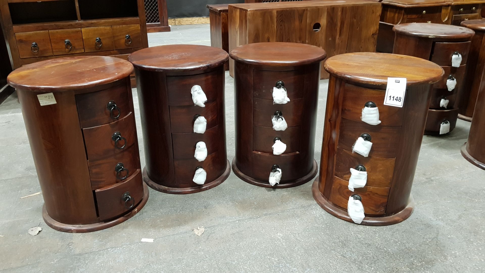 4 X SOLID WOOD ACACIA 4 DRAWER DRUMS 38X38X52 (PLEASE NOTE JDW ONLINE RETURNS)