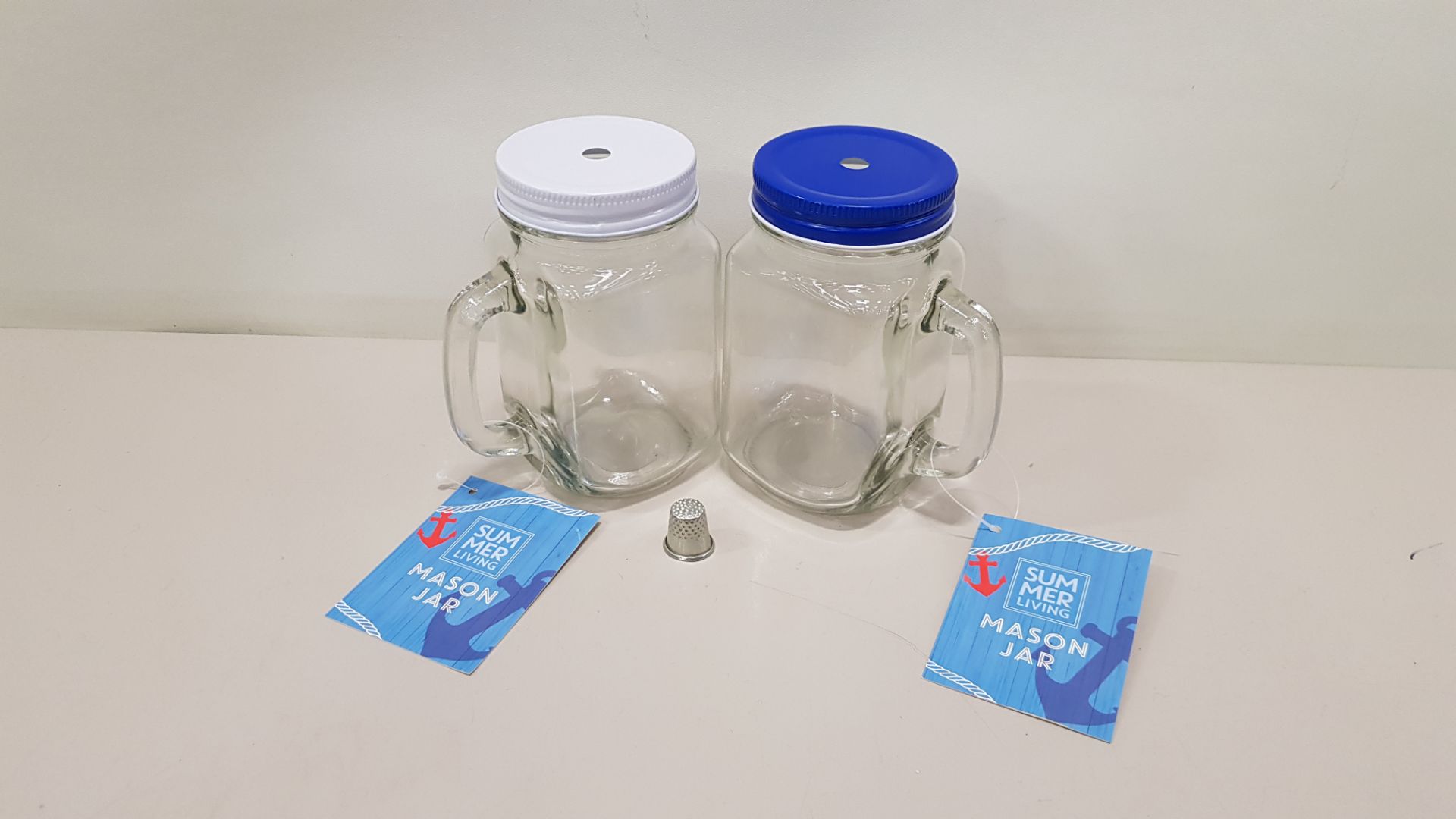 168 X BRAND NEW SUMMER LIVING MASON JARS IN BLUE AND WHITE IDEAL FOR DRINKS, WRAPPED SWEETS