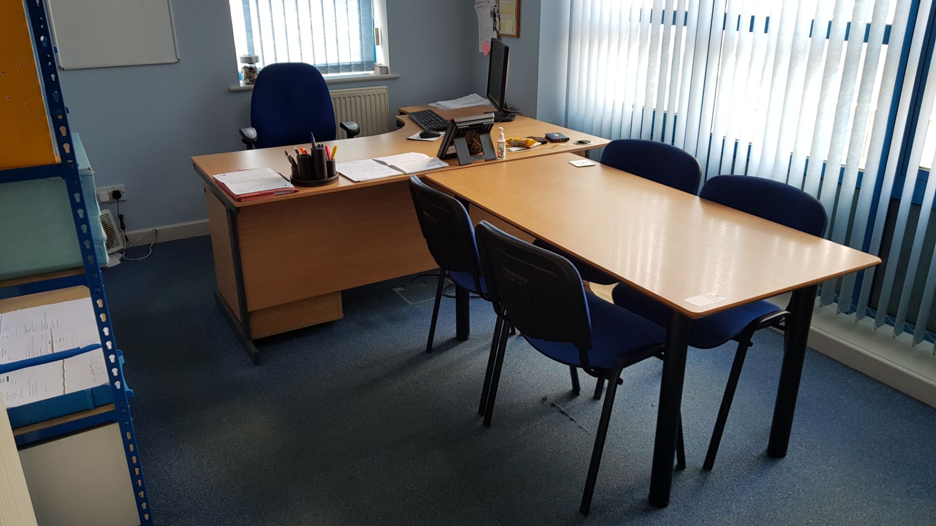 1 X L SHAPED LIGHTWOOD DESK, 1 X RECTANGLE LIGHTWOOD MEETING TABLE, 1 X BLUE FABRIC OFFICE CHAIR,