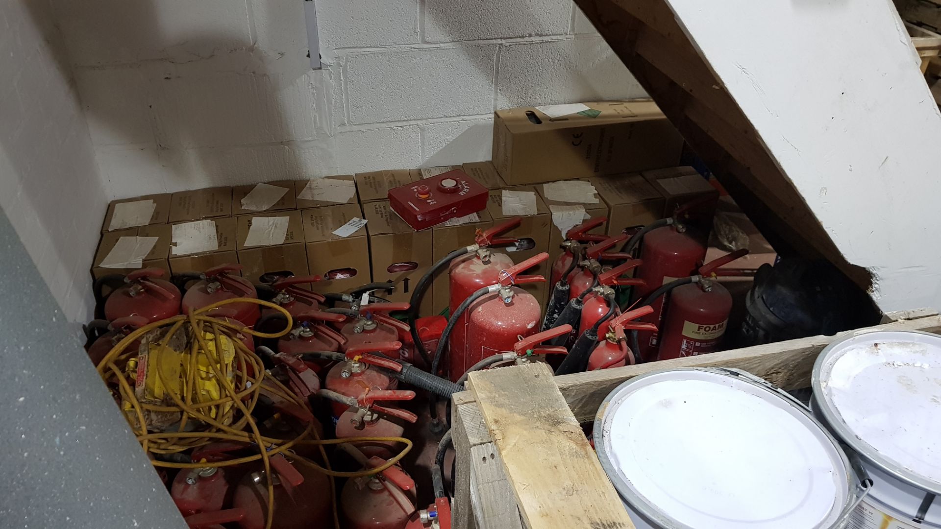 LARGE QUANTITY OF NEW & USED FIRE EXTINGUISHERS - 20 X NEW AND APPROX 45 USED IN VARIOUS STYLES/